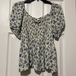 Blue and white over the shoulder top